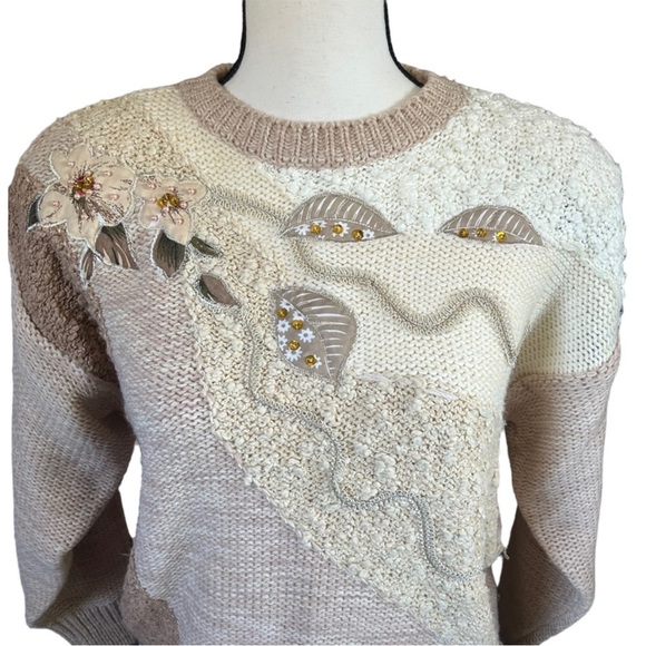 Vintage Needles & Yarn Abstract Floral Patchwork Sweater Neutral 80s Artsy M - Picture 4 of 13